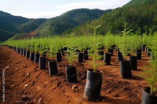 rows of newly planted trees in a reforestation project photo