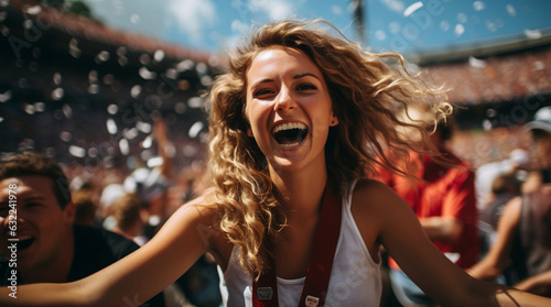 Woman celebrating at a Football game, Football Stadium, Sunny day. Ai Generated