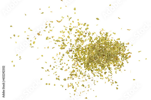 Close up pile, dried, chopped oregano leaves isolated on white, top view 