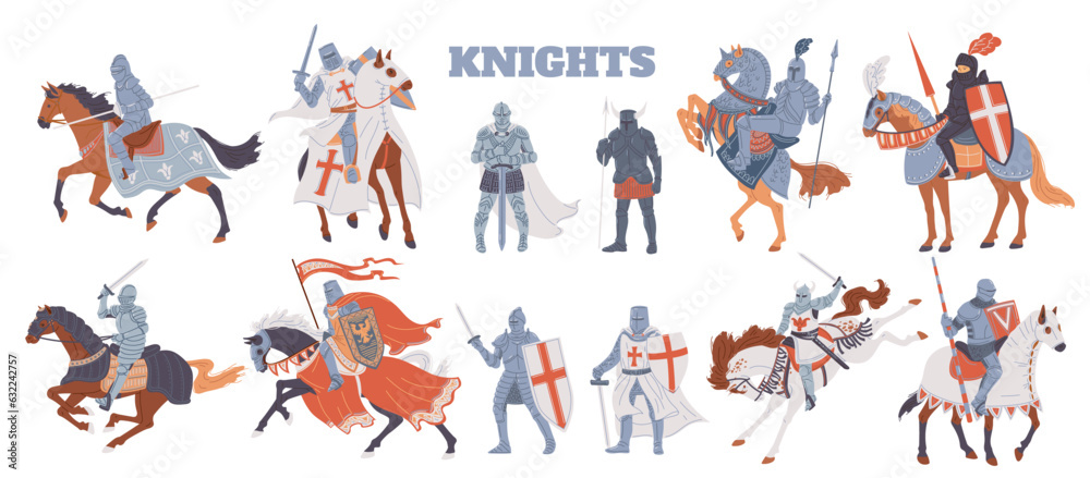 Set of medieval knights and soldiers on horses, cartoon flat vector illustration isolated on white background. - obrazy, fototapety, plakaty 