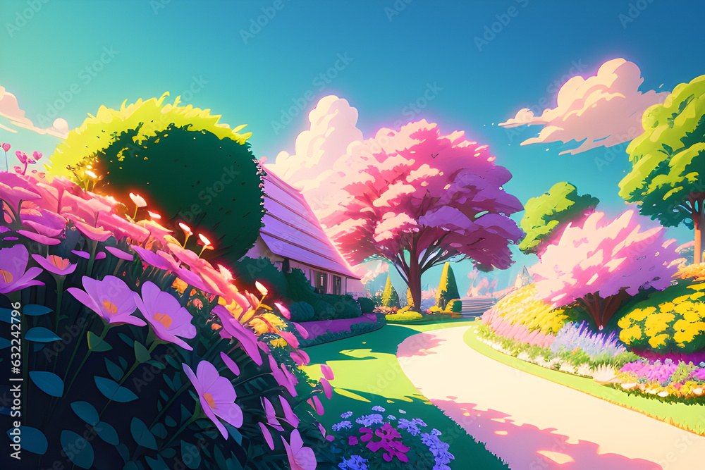 Spring landscape, colorful painting. Generative AI