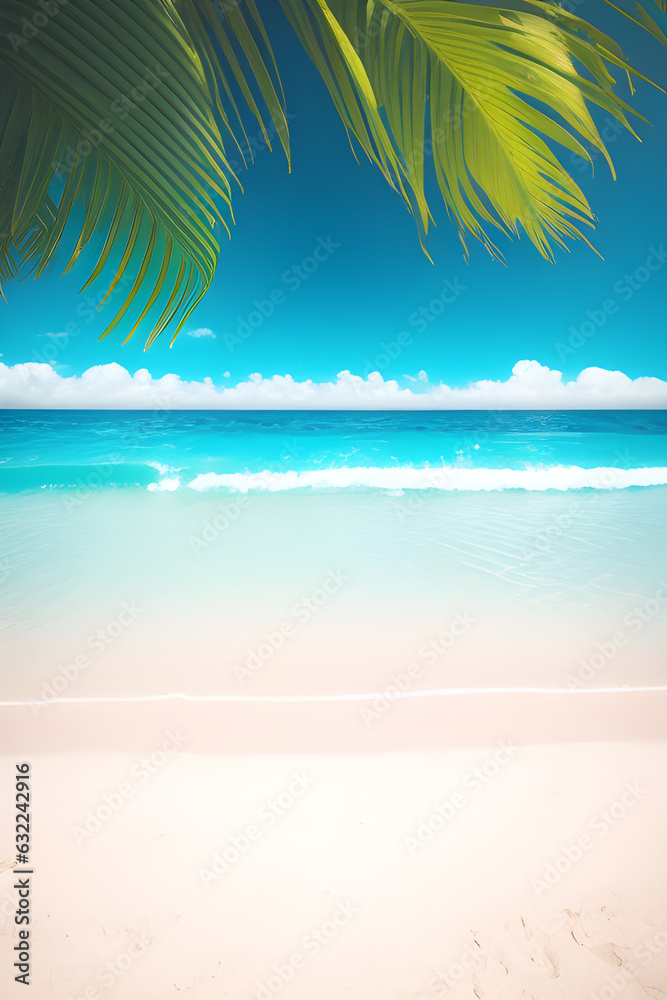 Tropical beach background with palm leaves and empty space. Generative AI