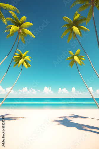 Tropical beach with palm trees with space for text. Generative AI