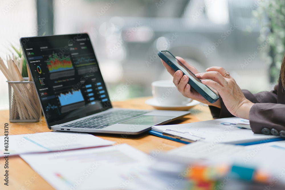 Fototapeta premium A businesswoman or accountant using laptop to analyze financial investments and business and marketing growth on a data graph. The concepts of accounting, economics, and commercial analysis.
