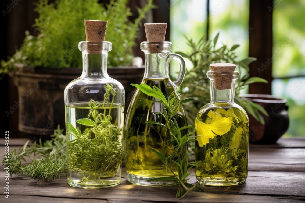 herb-infused oil bottles with fresh plants herb-infused oil bottles with fresh plants