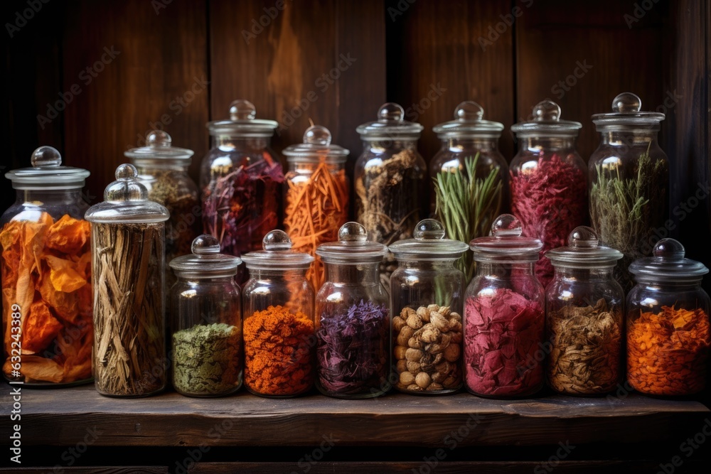 variety of dried medicinal herbs in glass jars variety of dried medicinal herbs in glass jars