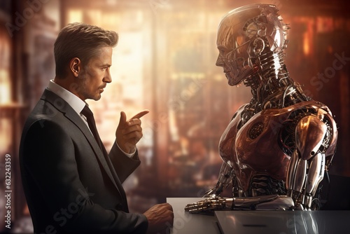 a concept of collaboration of humans and machines: a male caucasian businessman communicating with a humanoid android robot