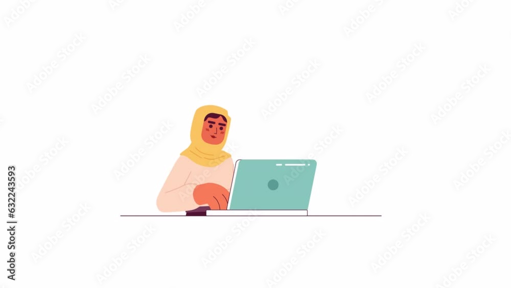 Muslim hijab woman working on laptop 2D character animation. Arab lady ...