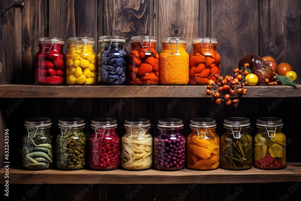 jars filled with colorful preserved fruits on a rustic wooden shelf jars filled with colorful preserved fruits on a rustic wooden shelf