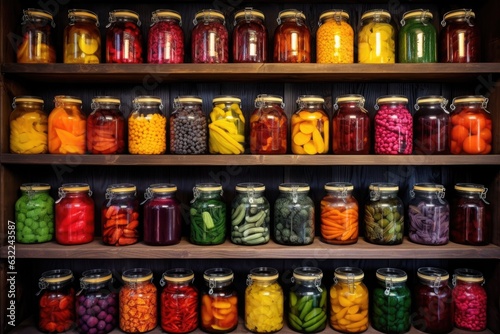 jars of colorful preserved fruits on wooden shelves
