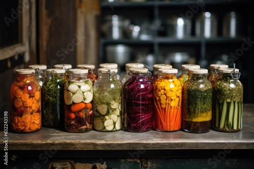 various pickled vegetables in jars with spices