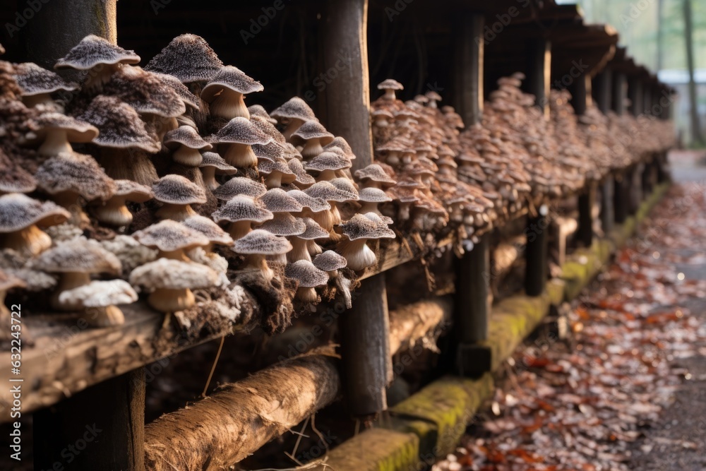 rows of shiitake mushrooms on wooden logs rows of shiitake mushrooms on wooden logs
