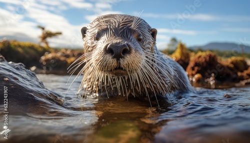 Photo of a wet otter swimming in the water