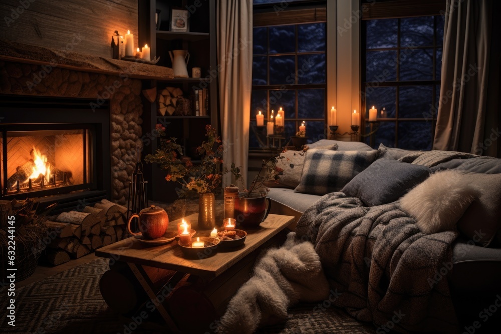 cozy living room with fireplace, candles, and plush blankets cozy living room with fireplace, candles, and plush blankets