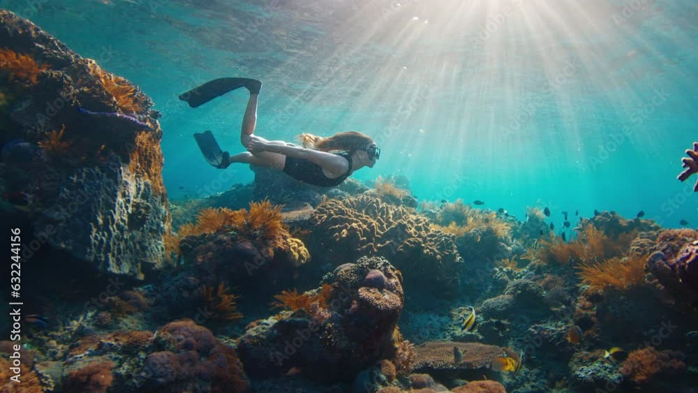 Sexy woman freedives. Young fit female freediver swims underwater over the healthy coral reef near the island of Nusa Penida in Bali, Indonesia