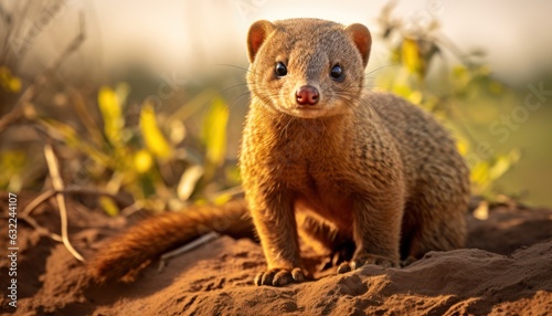 Photo of a cute Egyptian Mongoose standing on a dirt field © Anna