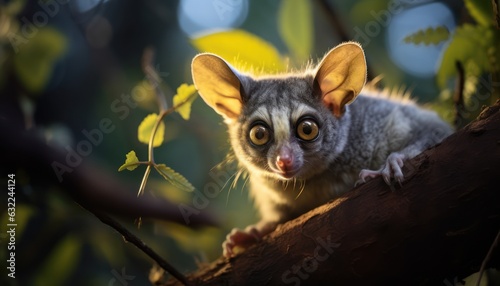 Photo of a cute galago bushbaby perched on a tree branch photo