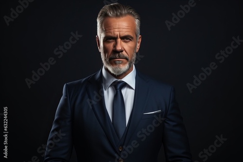 a studio portrait of a charismatic mature middle-aged caucasian man with silver hair, a businessman working in finance. CEO of CFO model. Dark blue background