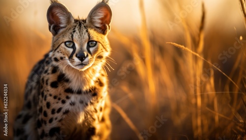 Photo of a majestic serval cat standing tall in a field of golden grass photo