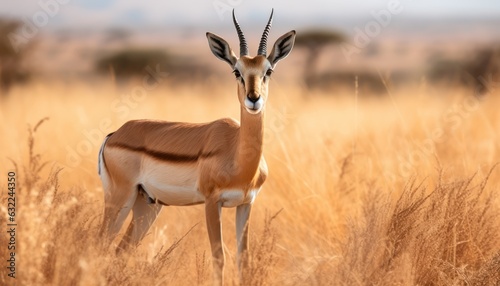 Photo of a graceful gazelle standing in a lush field of tall grass