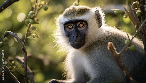 Photo of a vervet monkey perched in a tree, captured in a close-up shot