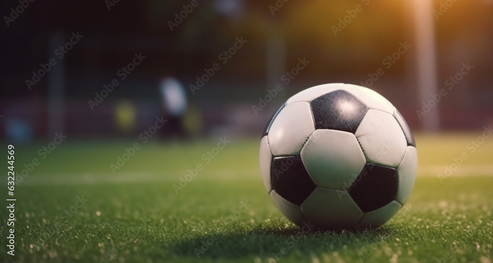 Fototapeta premium Closeup of football on green field in the evening on the background of blurred stands, ball for football, generative ai