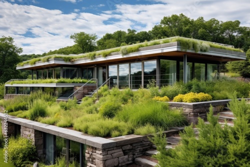green roof covered with vegetation on a modern home © altitudevisual