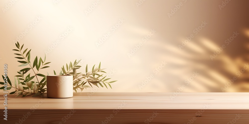 Blank brown wooden counter table in soft sunlight