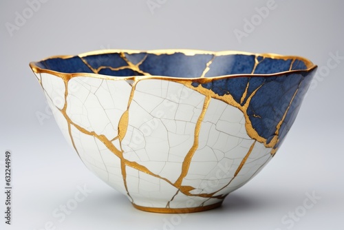 kintsugi repaired ceramic bowl with gold seams photo