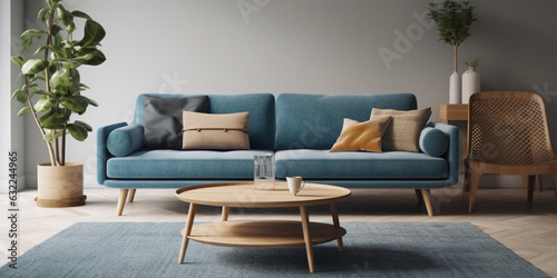 Interior of modern living room with accent coffee table, classical sofa and armchairs, room in blue color, bright style, generated ai
