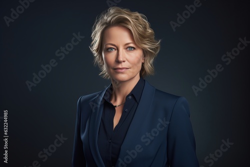 a studio portrait of a charismatic mature middle-aged caucasian female with silver hair, a businesswoman working in finance. CEO of CFO model. Dark blue background