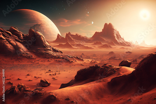 Extraterrestrial landscape alien planet in deep cosmos, red color, generated ai