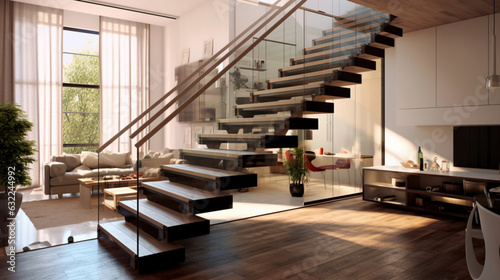 a contemporary interior design element featuring glass fencing and wooden stairs.