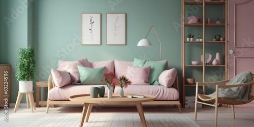 Interior of modern living room with accent coffee table, classical sofa and armchairs, room in green pink color, scandinavian design, bright light style, generated ai