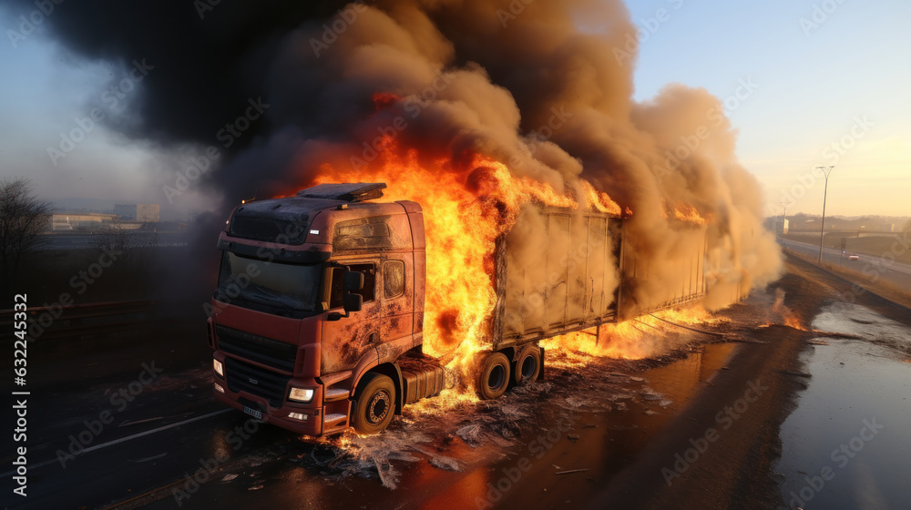 Burning truck on the highway. Car crash accident, aerial view.