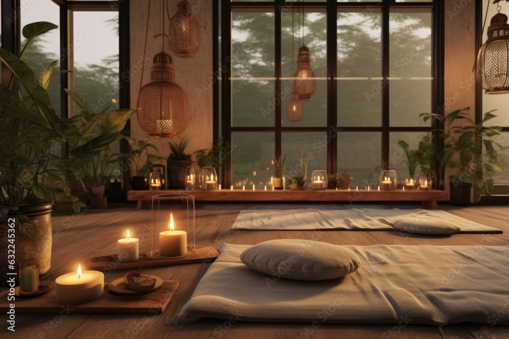 serene home yoga studio with candles and mat - obrazy, fototapety, plakaty 