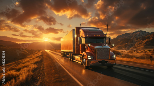 Big american truck on the highway with beautiful sunset in the background.