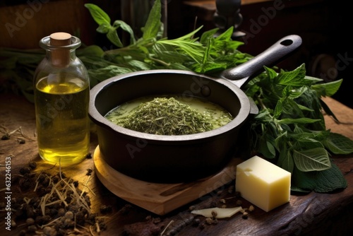 olive oil, herbs, and parmesan near saucepan