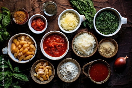 overhead view of various ingredients for pasta sauce in small bowls