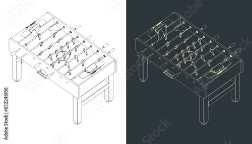 Classic foosball table isometric blueprint