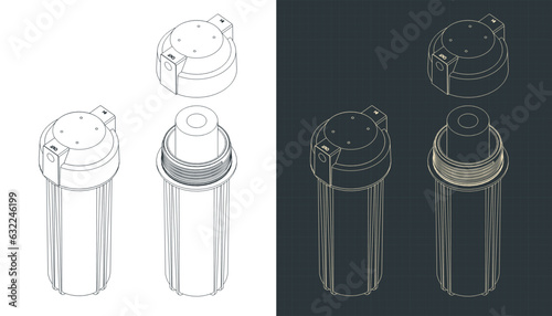 Pre-filter bowl and carbon filter isometric blueprints