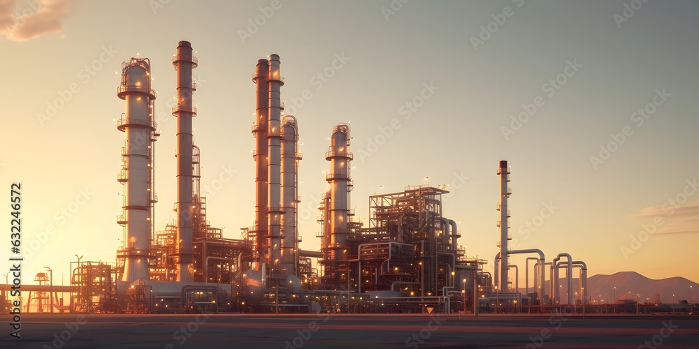 Oil refinery plant for crude oil industry on desert in evening twilight, Oil refinery plant for crude oil industry on desert in evening twilight,
