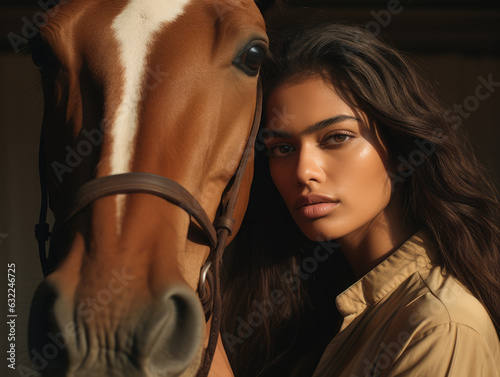 Young Indian woman next to a brown horse. Generative AI.