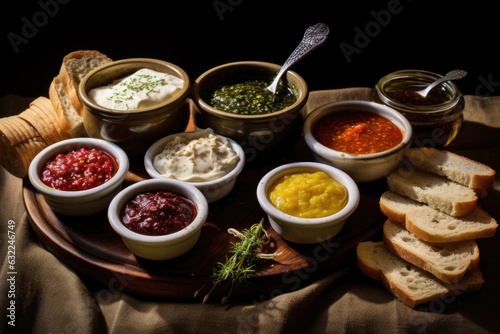 condiments and spreads in small bowls beside bread slices