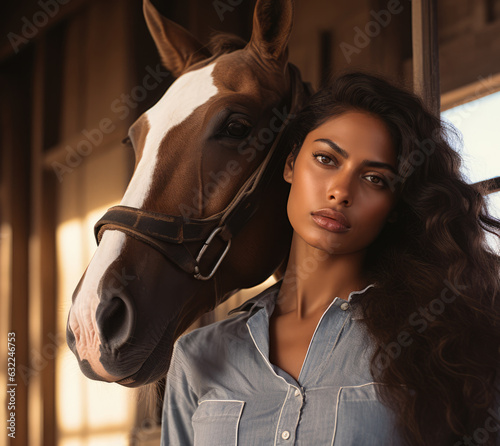 Young Indian woman next to a brown horse. Generative AI.