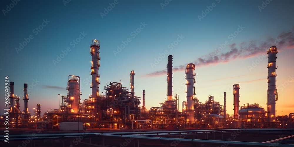 Oil refinery plant for crude oil industry on desert in evening twilight, 