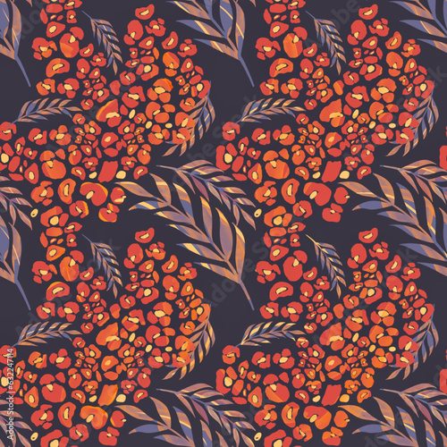 Trendy floral animalistic seamless textile print. Animal skin pattern and floral ornament flowers fabric background. Warm rich colors