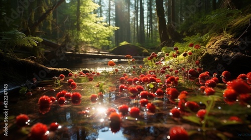  a stream running through a forest filled with lots of red flowers. generative ai