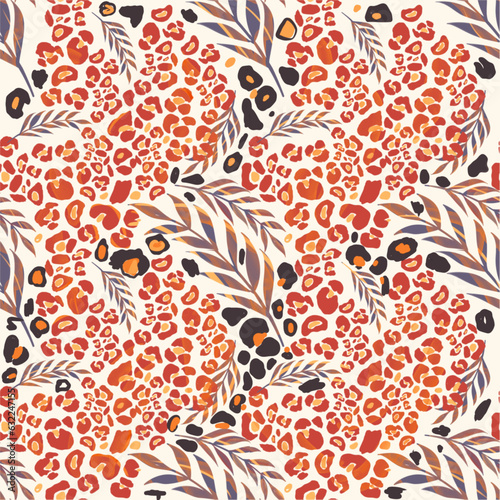 Trendy floral animalistic seamless textile print. Animal skin pattern and floral ornament flowers fabric background. Warm rich colors