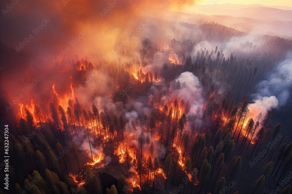 Aerial view of a burning forest. Wildfire, global warming and climate change concept.